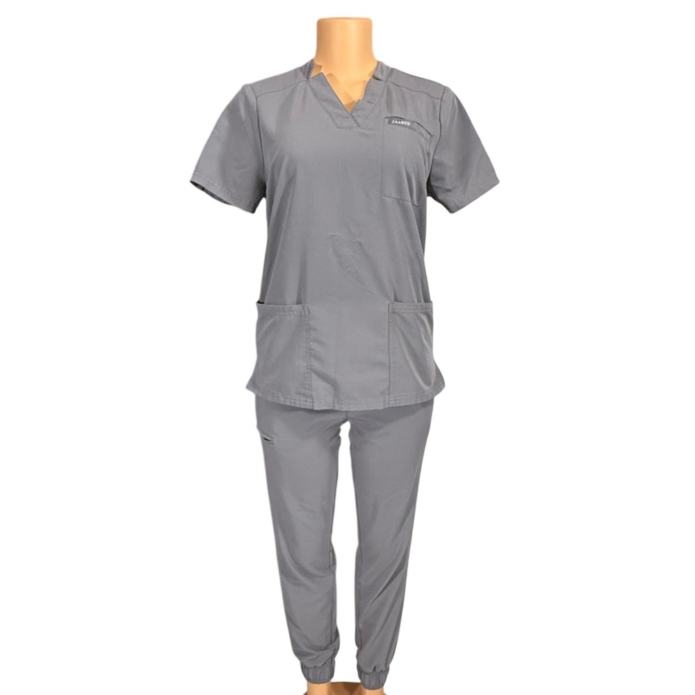 Jaanuu Womens Gray Scrub Set V-Neck‎ Top and Jogger Pants Size Small